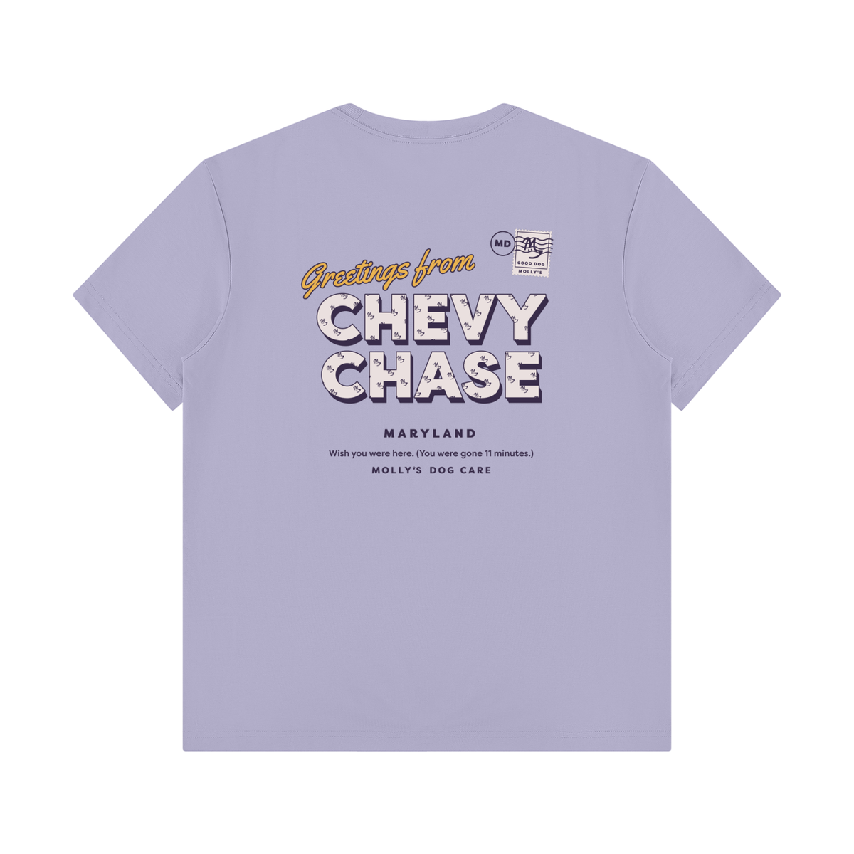 Greetings From Chevy Chase Tee in light lavender, back with the Greetings From Chevy Chase postcard print