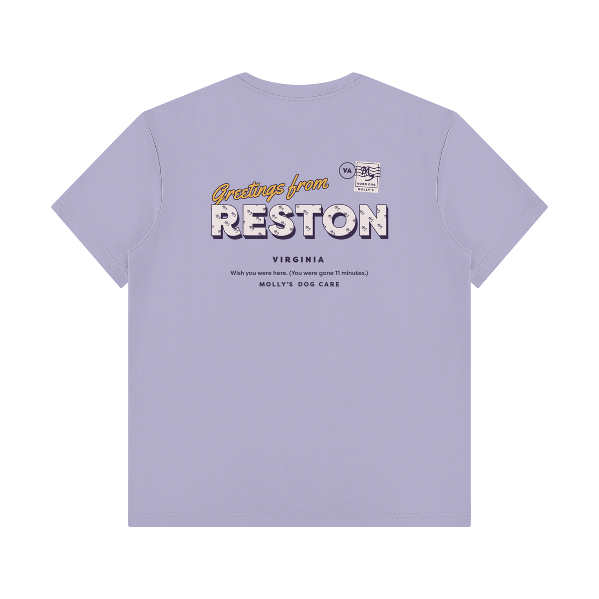 Greetings From Reston Tee in light lavender, back with the Greetings From Reston postcard print