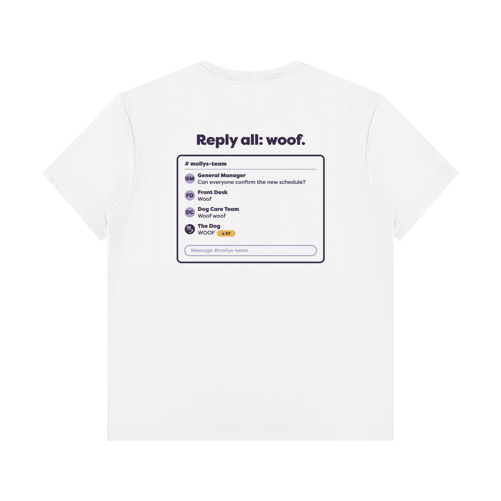 Reply All: Woof Tee in white, back print