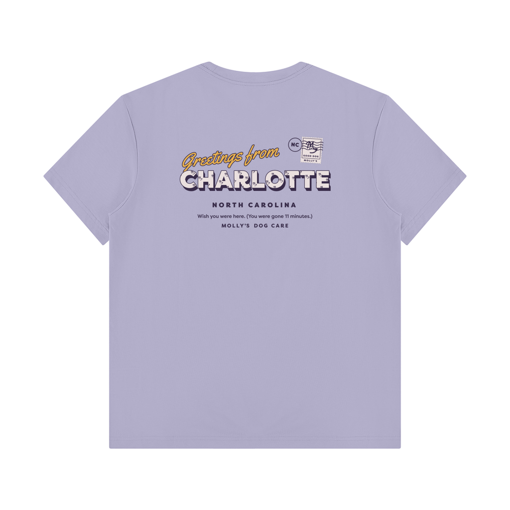 Greetings From Charlotte Tee in light lavender, back with the Greetings From Charlotte postcard print