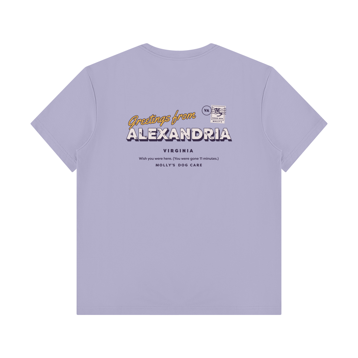 Greetings From Alexandria Tee in light lavender, back with the Greetings From Alexandria postcard print