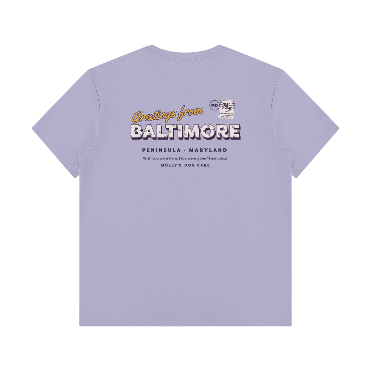 Greetings From Baltimore Peninsula Tee in light lavender, back with the Greetings From Baltimore Peninsula postcard print