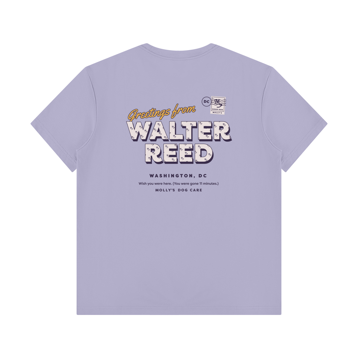 Greetings From Walter Reed Tee in light lavender, back with the Greetings From Walter Reed postcard print