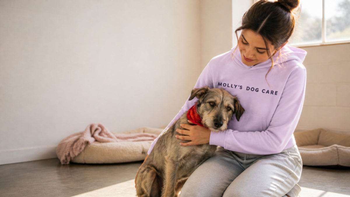 Woman in a Molly's crop hoodie hugging a rescue dog at a shelter