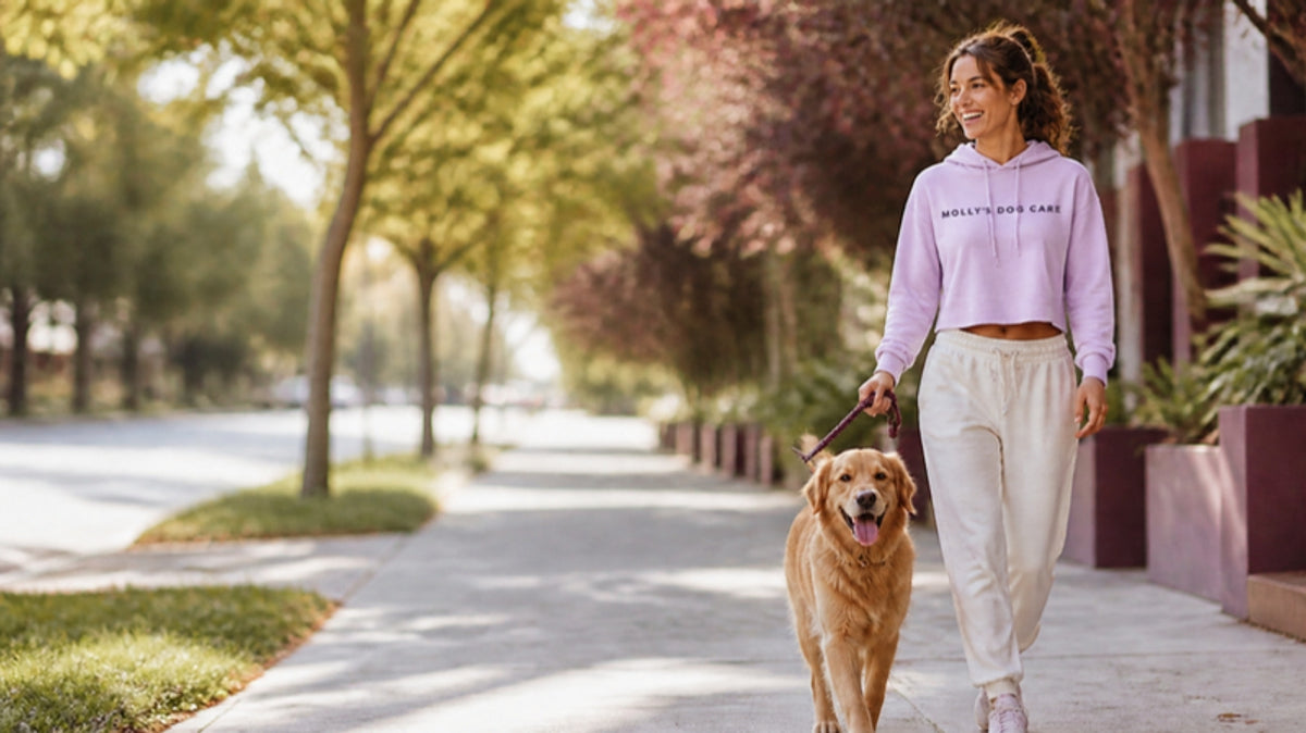Woman in the Molly's crop hoodie walking her golden retriever