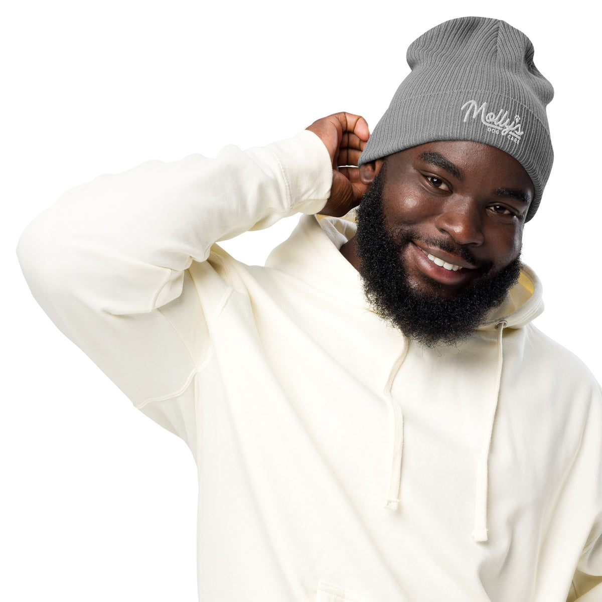 Molly's Wordmark Beanie in light grey, front