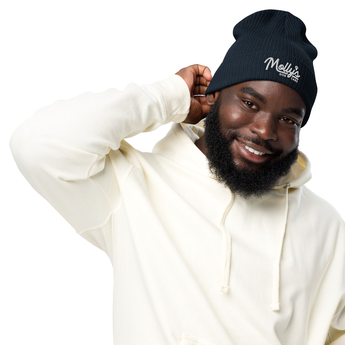 Molly's Wordmark Beanie in Oxford navy, front